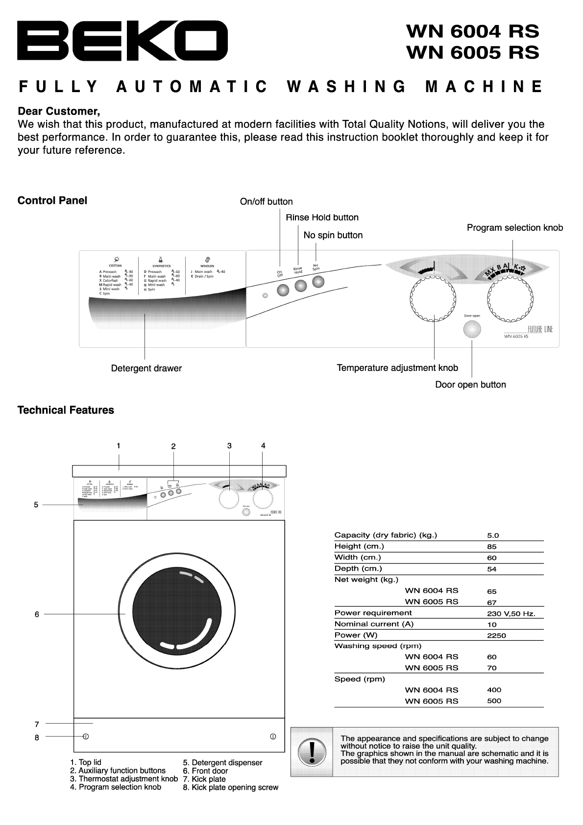 Просмотр инструкции стиральной машины Beko WN 6004 RS / WN 6005 RS,  страница 1 - Mnogo-dok - бесплатные инструкции на русском языке