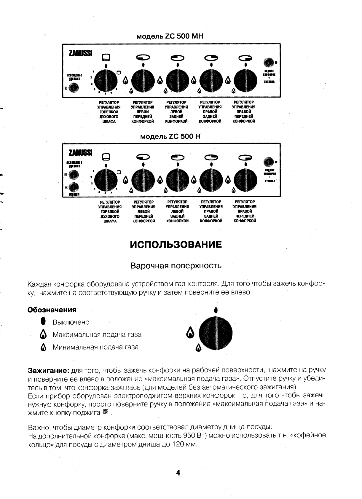 Просмотр инструкции плиты Zanussi ZC 500, страница 4 - Mnogo-dok -  бесплатные инструкции на русском языке