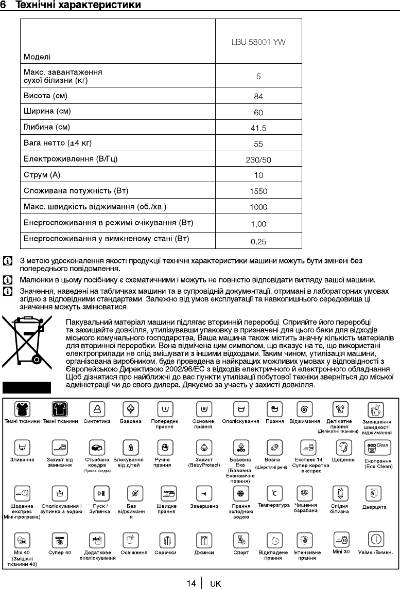 Просмотр инструкции стиральной машины Beko LBU 58001 YW, страница 14 -  Mnogo-dok - бесплатные инструкции на русском языке